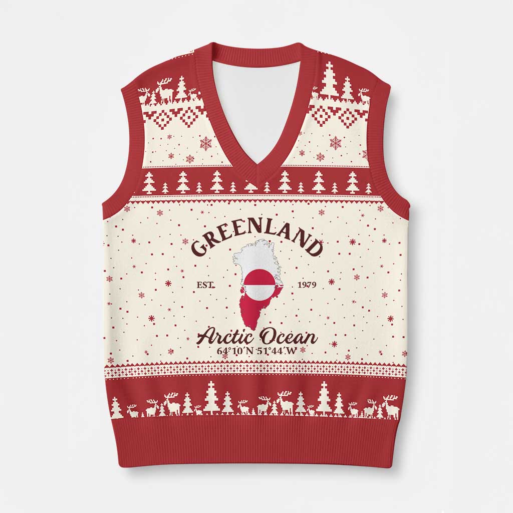 Greenland Arctic Ocean V-Neck Knit Sweater Vest Vintage Coordinates Map National Flag Pride TS02 Beige Red Print Your Wear