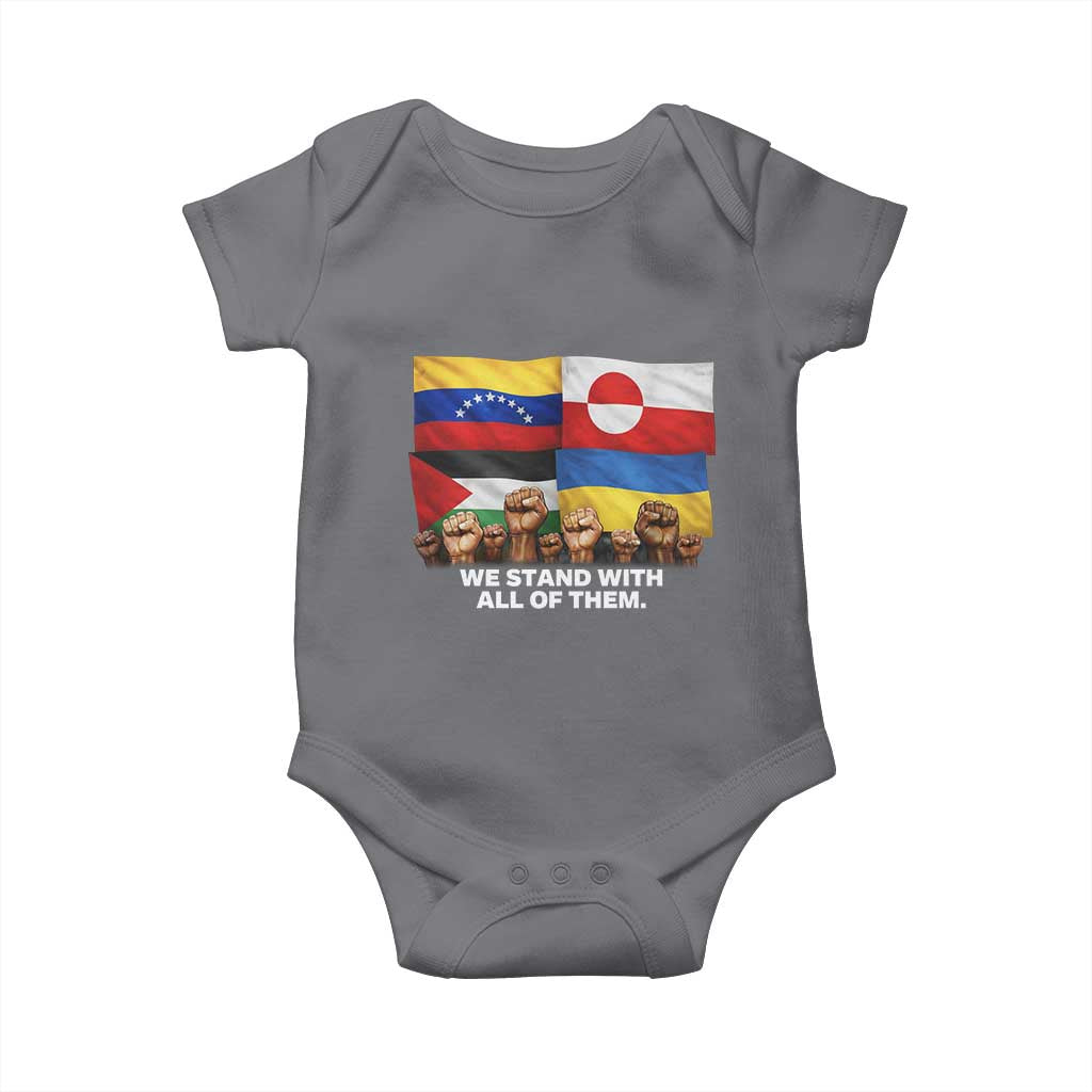 We Stand With Venezuela Greenland Ukraine Palestine Baby Onesie Solidarity Fists Flags Global Support TS02 Charcoal Print Your Wear