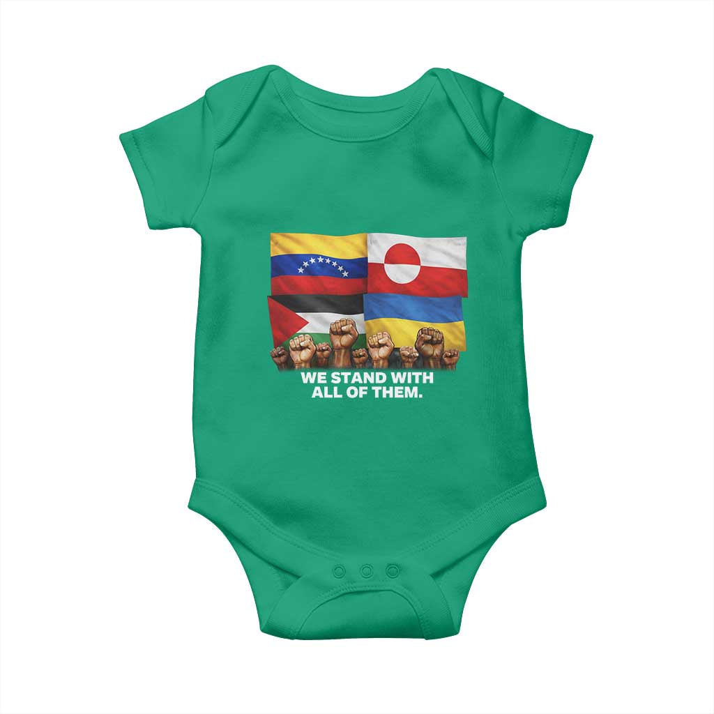 We Stand With Venezuela Greenland Ukraine Palestine Baby Onesie Solidarity Fists Flags Global Support TS02 Irish Green Print Your Wear