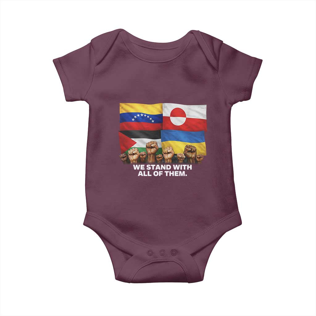 We Stand With Venezuela Greenland Ukraine Palestine Baby Onesie Solidarity Fists Flags Global Support TS02 Maroon Print Your Wear