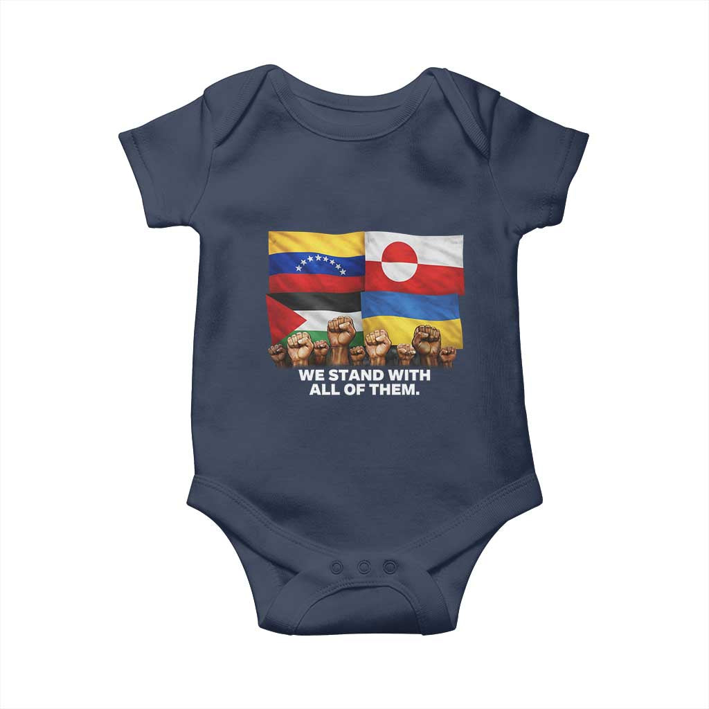 We Stand With Venezuela Greenland Ukraine Palestine Baby Onesie Solidarity Fists Flags Global Support TS02 Navy Print Your Wear