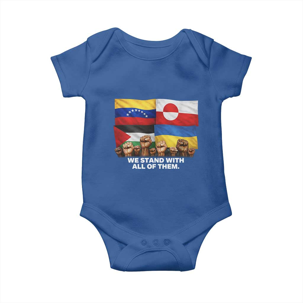 We Stand With Venezuela Greenland Ukraine Palestine Baby Onesie Solidarity Fists Flags Global Support TS02 Royal Blue Print Your Wear