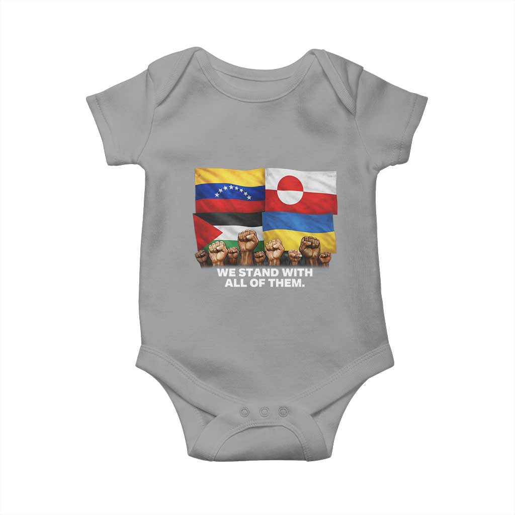 We Stand With Venezuela Greenland Ukraine Palestine Baby Onesie Solidarity Fists Flags Global Support TS02 Sport Gray Print Your Wear