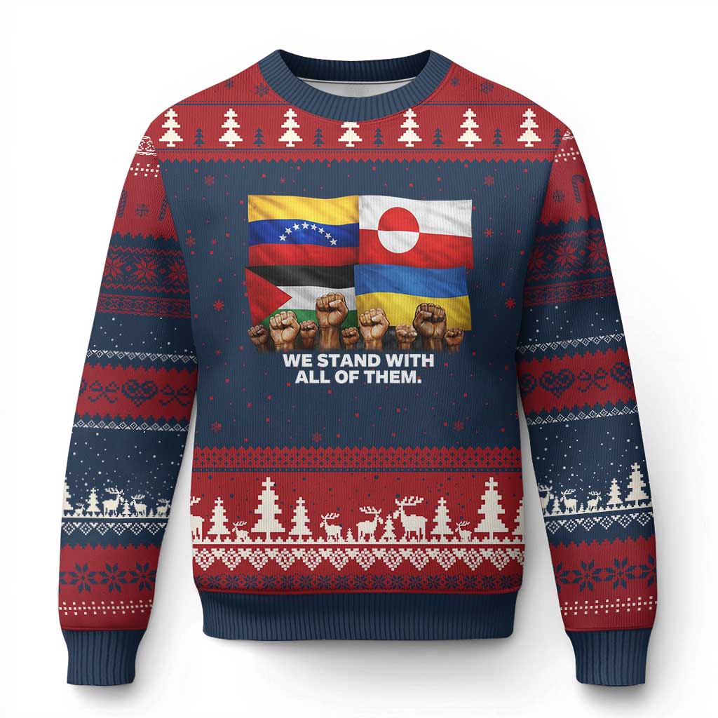 We Stand With Venezuela Greenland Ukraine Palestine Ugly Christmas Sweater Solidarity Fists Flags Global Support TS02 Navy Red Print Your Wear