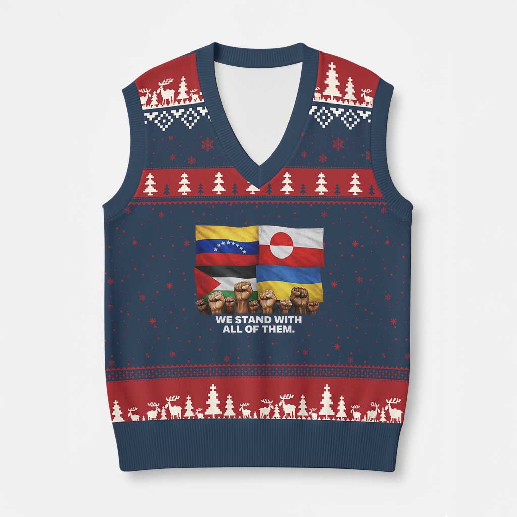 We Stand With Venezuela Greenland Ukraine Palestine V-Neck Knit Sweater Vest Solidarity Fists Flags Global Support TS02 Navy Red Print Your Wear