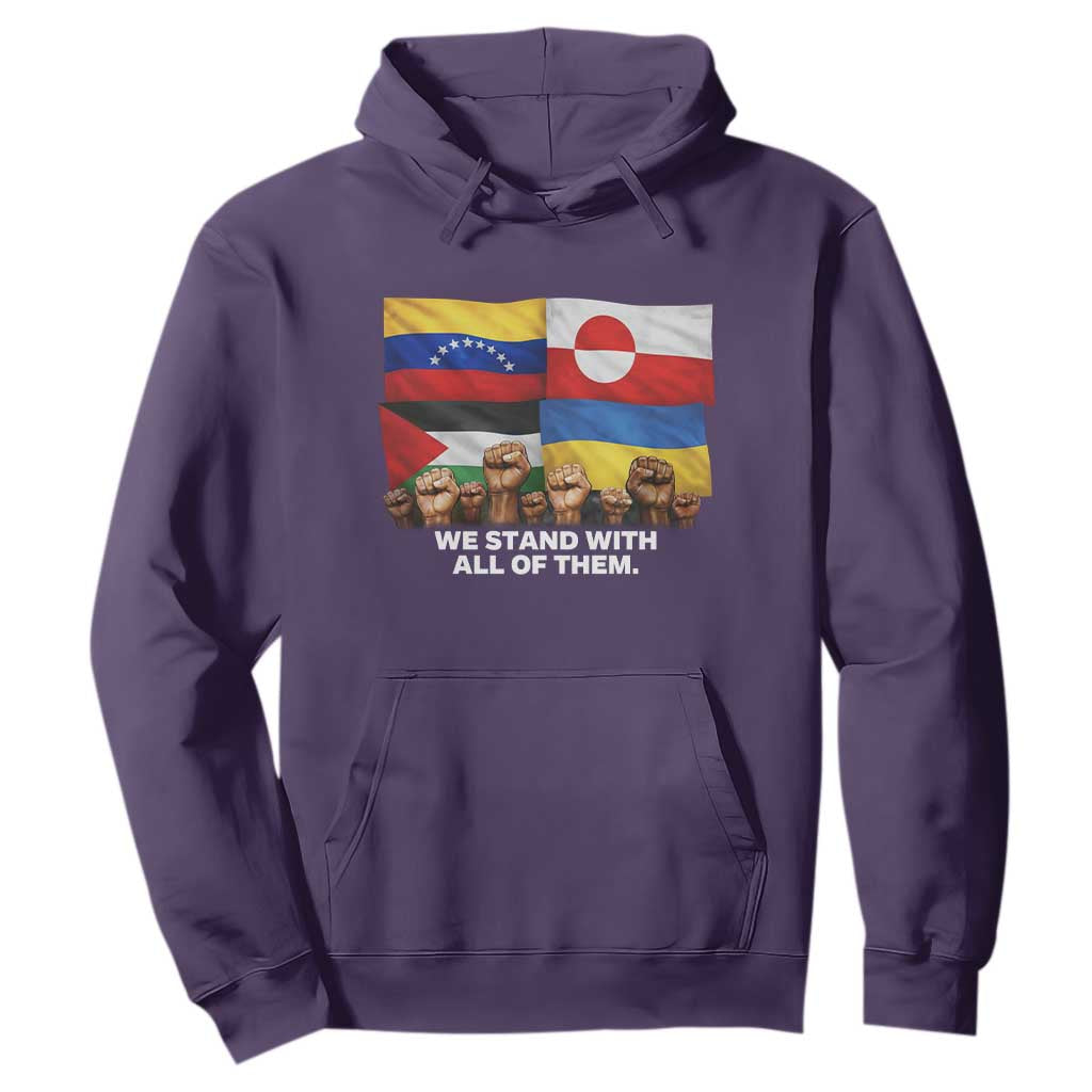 We Stand With Venezuela Greenland Ukraine Palestine Hoodie Solidarity Fists Flags Global Support TS02 Purple Print Your Wear