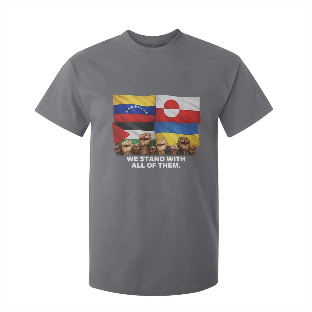We Stand With Venezuela Greenland Ukraine Palestine T Shirt For Kid Solidarity Fists Flags Global Support TS02 Charcoal Print Your Wear