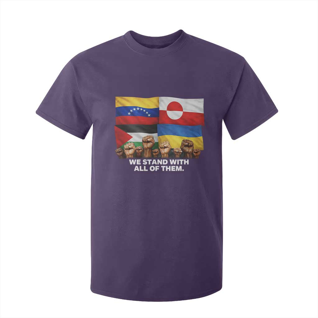 We Stand With Venezuela Greenland Ukraine Palestine T Shirt For Kid Solidarity Fists Flags Global Support TS02 Purple Print Your Wear