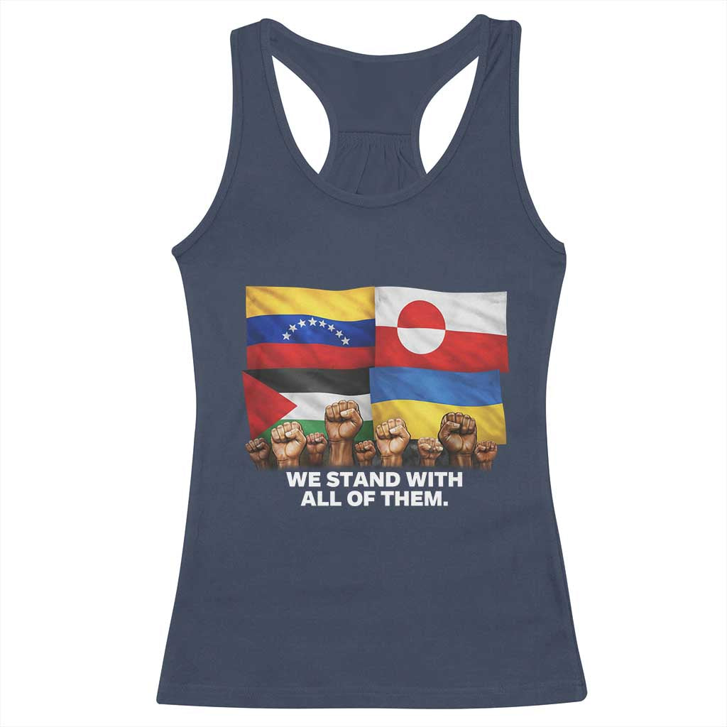 We Stand With Venezuela Greenland Ukraine Palestine Racerback Tank Top Solidarity Fists Flags Global Support TS02 Navy Print Your Wear