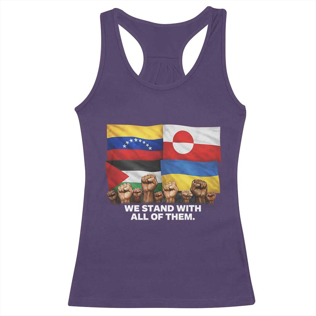 We Stand With Venezuela Greenland Ukraine Palestine Racerback Tank Top Solidarity Fists Flags Global Support TS02 Purple Print Your Wear