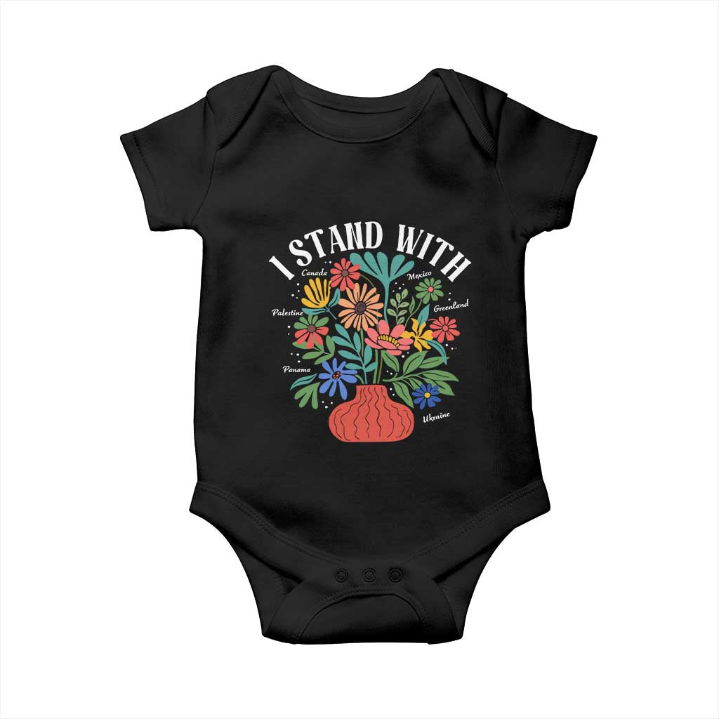 I Stand With Mexico Greenland Ukraine Canada Palestine Panama Baby Onesie Colorful Floral Solidarity Global Unity TS02 Black Print Your Wear