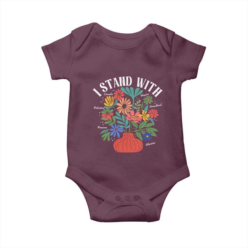 I Stand With Mexico Greenland Ukraine Canada Palestine Panama Baby Onesie Colorful Floral Solidarity Global Unity TS02 Maroon Print Your Wear