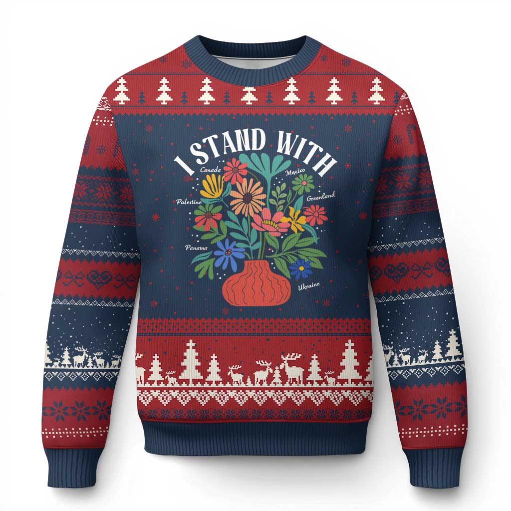 I Stand With Mexico Greenland Ukraine Canada Palestine Panama Ugly Christmas Sweater Colorful Floral Solidarity Global Unity TS02 Navy Red Print Your Wear