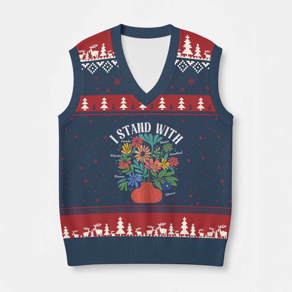 I Stand With Mexico Greenland Ukraine Canada Palestine Panama V-Neck Knit Sweater Vest Colorful Floral Solidarity Global Unity TS02 Navy Red Print Your Wear