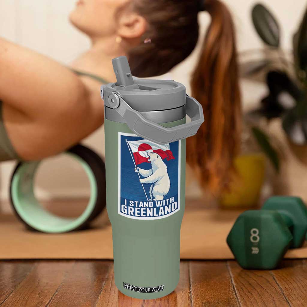 I Stand With Greenland Polar Bear Resist Flip Straw Tumbler Vintage Patriotic Propaganda Sovereignty Protest TS02 One Size: 30 oz Moss Green Print Your Wear
