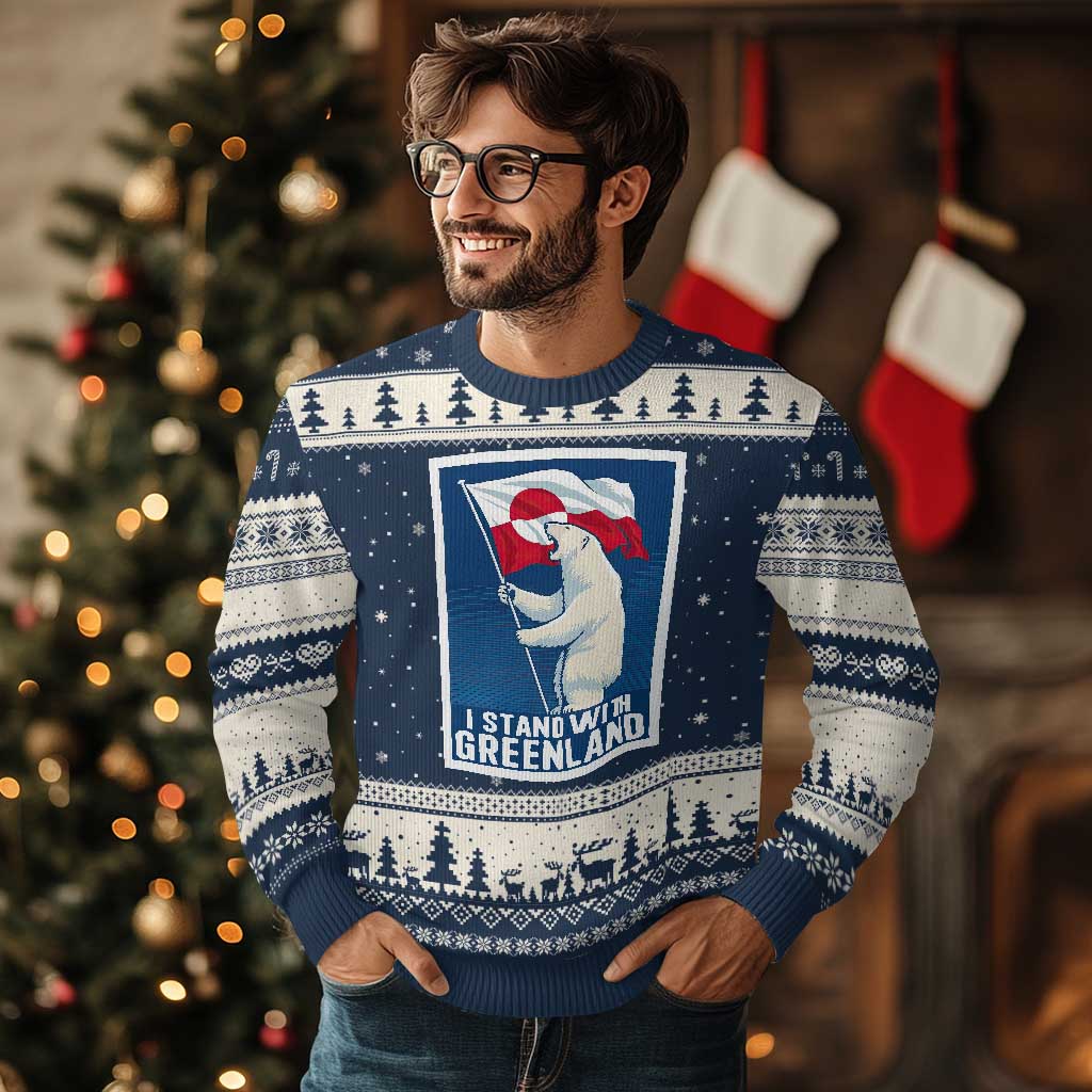 I Stand With Greenland Polar Bear Resist Ugly Christmas Sweater Vintage Patriotic Propaganda Sovereignty Protest TS02 Navy Beige Print Your Wear