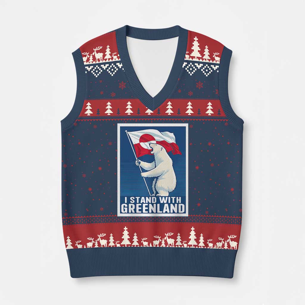 I Stand With Greenland Polar Bear Resist V-Neck Knit Sweater Vest Vintage Patriotic Propaganda Sovereignty Protest TS02 Navy Red Print Your Wear