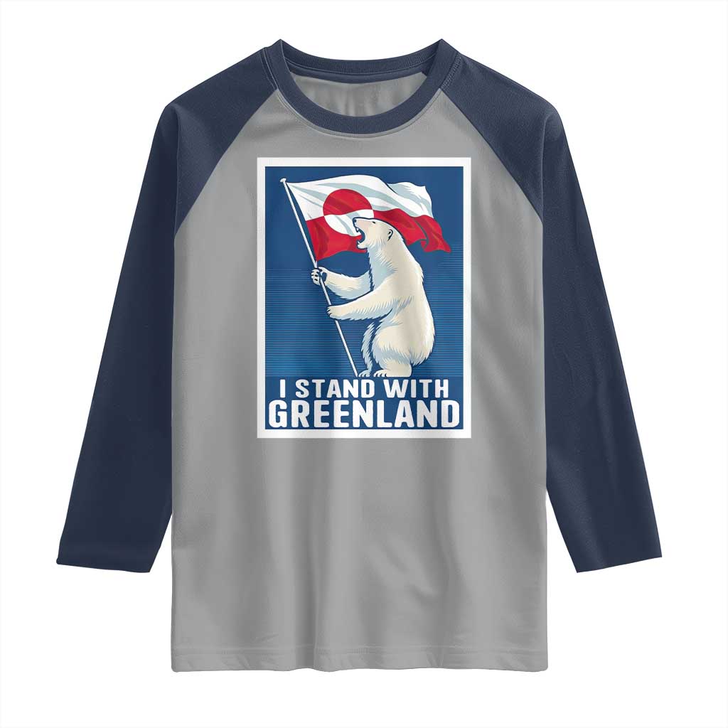 I Stand With Greenland Polar Bear Resist Raglan Shirt Vintage Patriotic Propaganda Sovereignty Protest TS02 Sport Gray Navy Print Your Wear