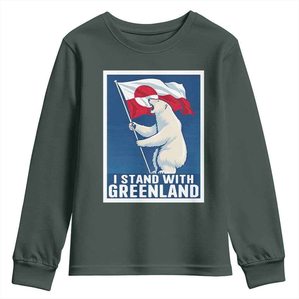 I Stand With Greenland Polar Bear Resist Youth Sweatshirt Vintage Patriotic Propaganda Sovereignty Protest TS02 Dark Forest Green Print Your Wear