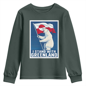 I Stand With Greenland Polar Bear Resist Youth Sweatshirt Vintage Patriotic Propaganda Sovereignty Protest TS02 Dark Forest Green Print Your Wear