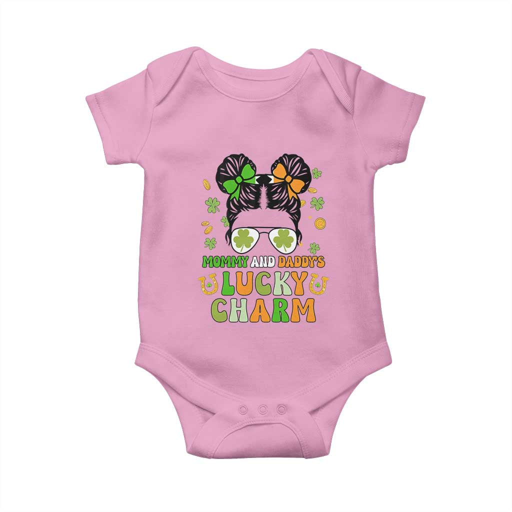 Funny St Patricks Day Kid Baby Onesie Mommy And Daddy's Lucky Charm Little Bun TS02 Light Pink Print Your Wear