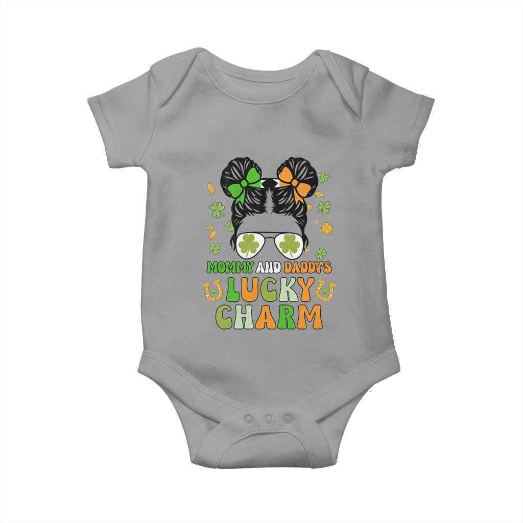 Funny St Patricks Day Kid Baby Onesie Mommy And Daddy's Lucky Charm Little Bun TS02 Sport Gray Print Your Wear