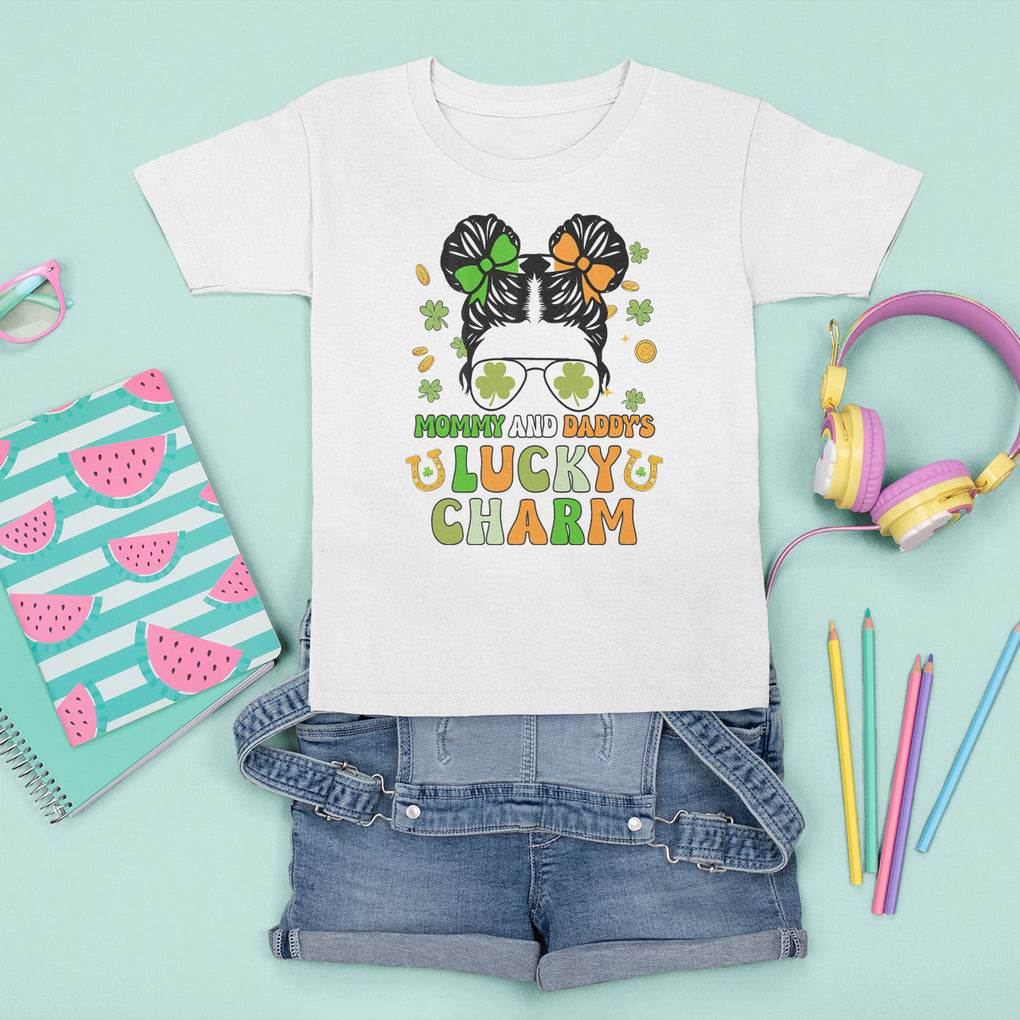 Funny St. Patricks Day Kid T Shirt For Kid Mommy And Daddy's Lucky Charm Little Bun TS02 White Printyourwear