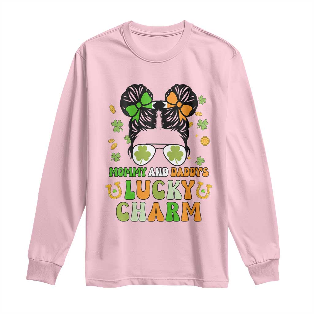 Funny St Patricks Day Kid Long Sleeve Shirt Mommy And Daddy's Lucky Charm Little Bun TS02 Light Pink Print Your Wear