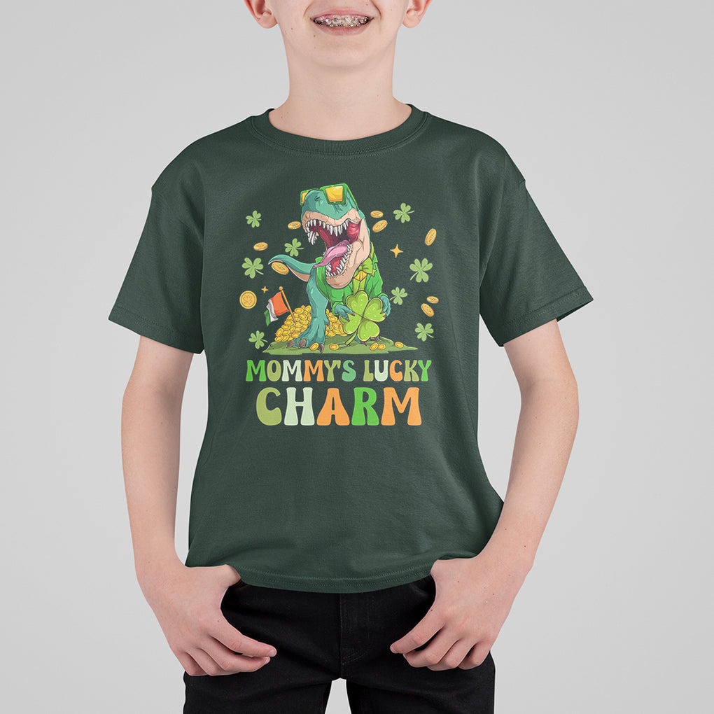 Funny St. Patricks Day Kid T Shirt For Kid Daddy's Lucky Charm Cute Dinosaur Boys Kids TS02 Dark Forest Green Printyourwear