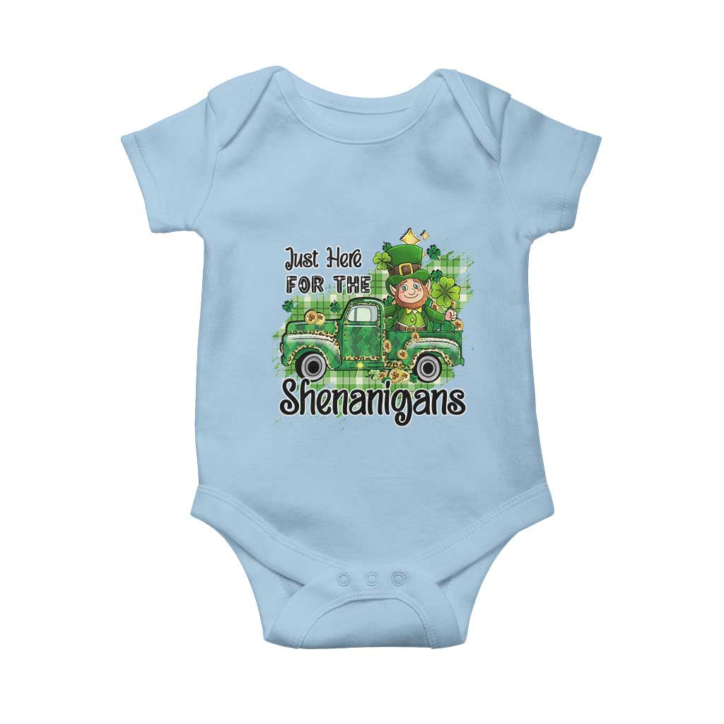 Funny St Patricks Day Baby Onesie Just Here For The Shenanigans Truck of Shamrock TS02 Light Blue Print Your Wear