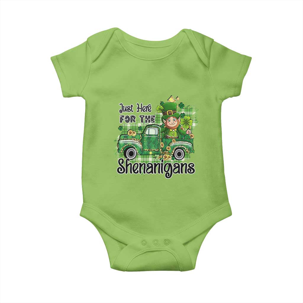 Funny St Patricks Day Baby Onesie Just Here For The Shenanigans Truck of Shamrock TS02 Lime Print Your Wear