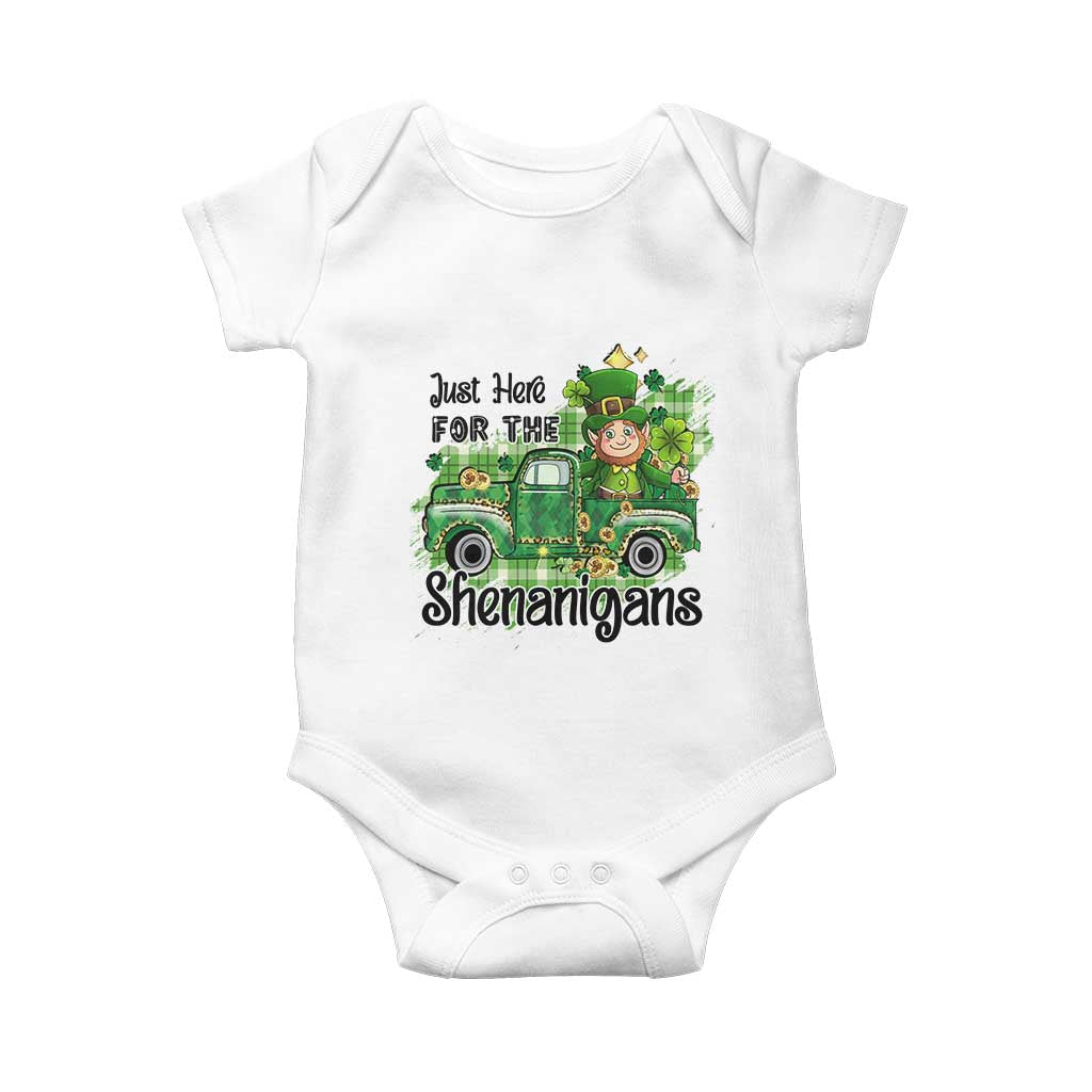Funny St Patricks Day Baby Onesie Just Here For The Shenanigans Truck of Shamrock TS02 White Print Your Wear