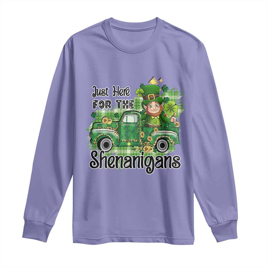 Funny St Patricks Day Long Sleeve Shirt Just Here For The Shenanigans Truck of Shamrock TS02 Violet Print Your Wear
