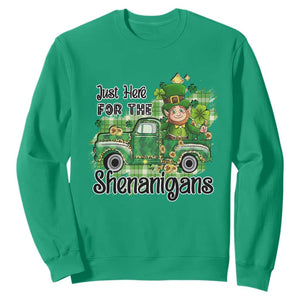 Funny St. Patricks Day Sweatshirt Just Here For The Shenanigans Truck of Shamrock TS02 Irish Green Printyourwear