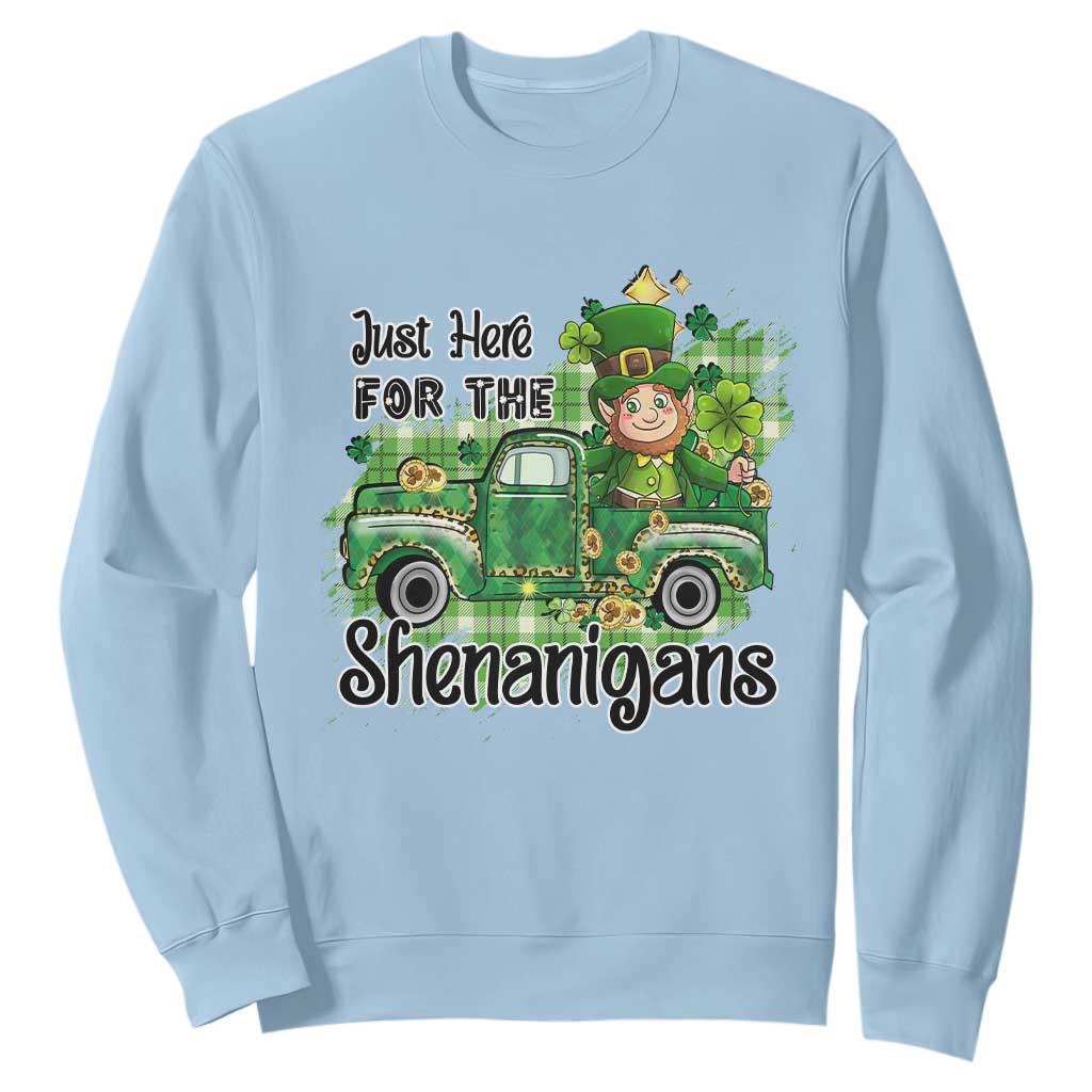 Funny St. Patricks Day Sweatshirt Just Here For The Shenanigans Truck of Shamrock TS02 Light Blue Printyourwear