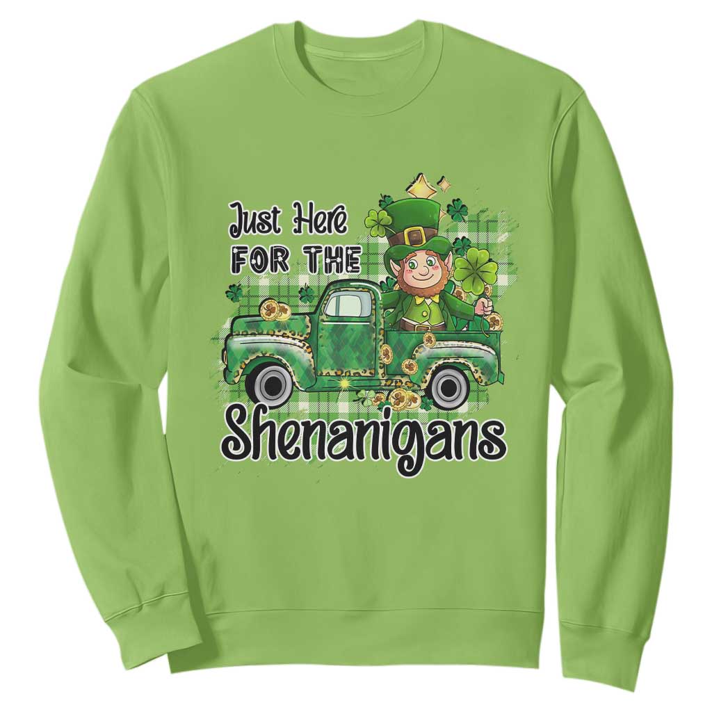 Funny St. Patricks Day Sweatshirt Just Here For The Shenanigans Truck of Shamrock TS02 Lime Printyourwear