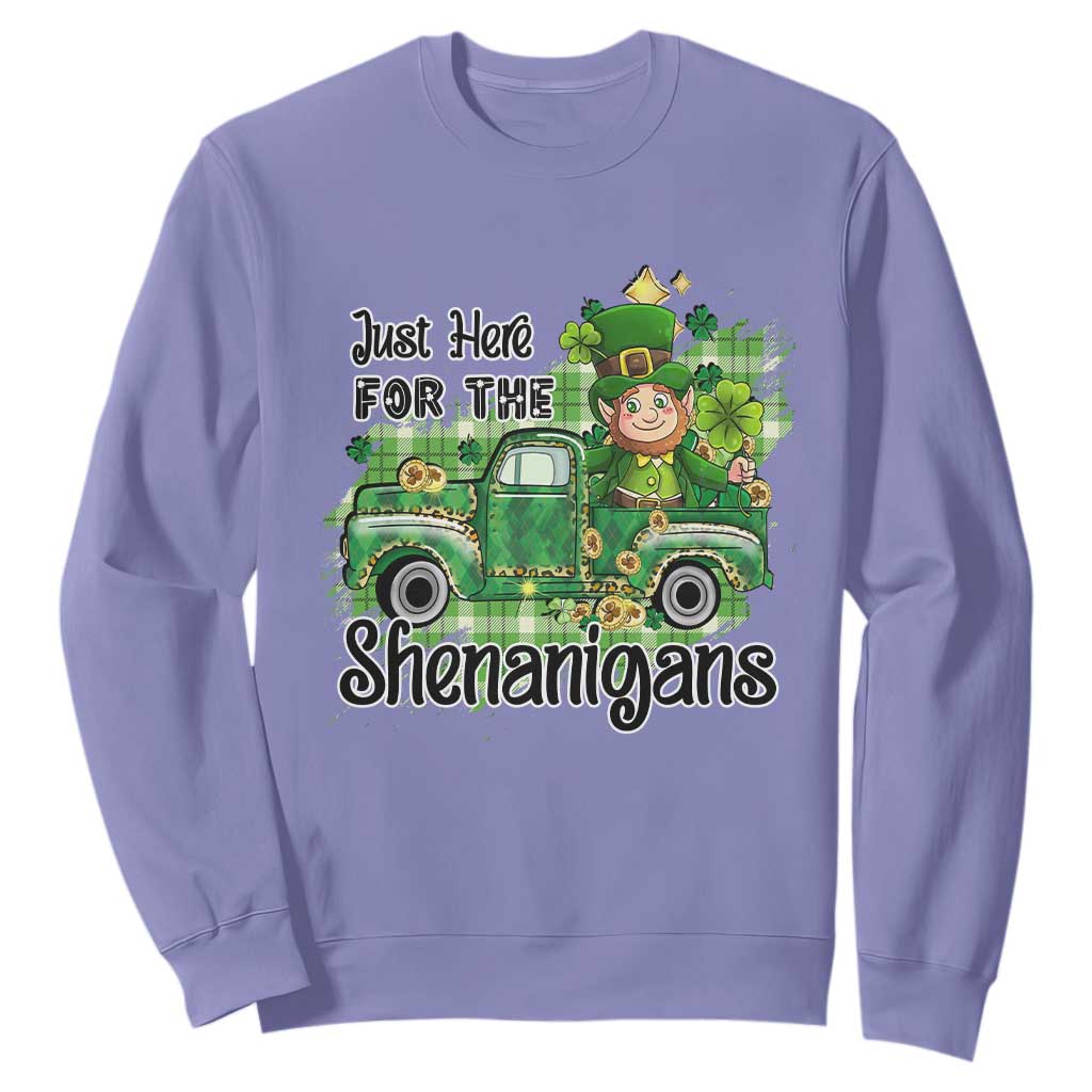 Funny St. Patricks Day Sweatshirt Just Here For The Shenanigans Truck of Shamrock TS02 Violet Printyourwear