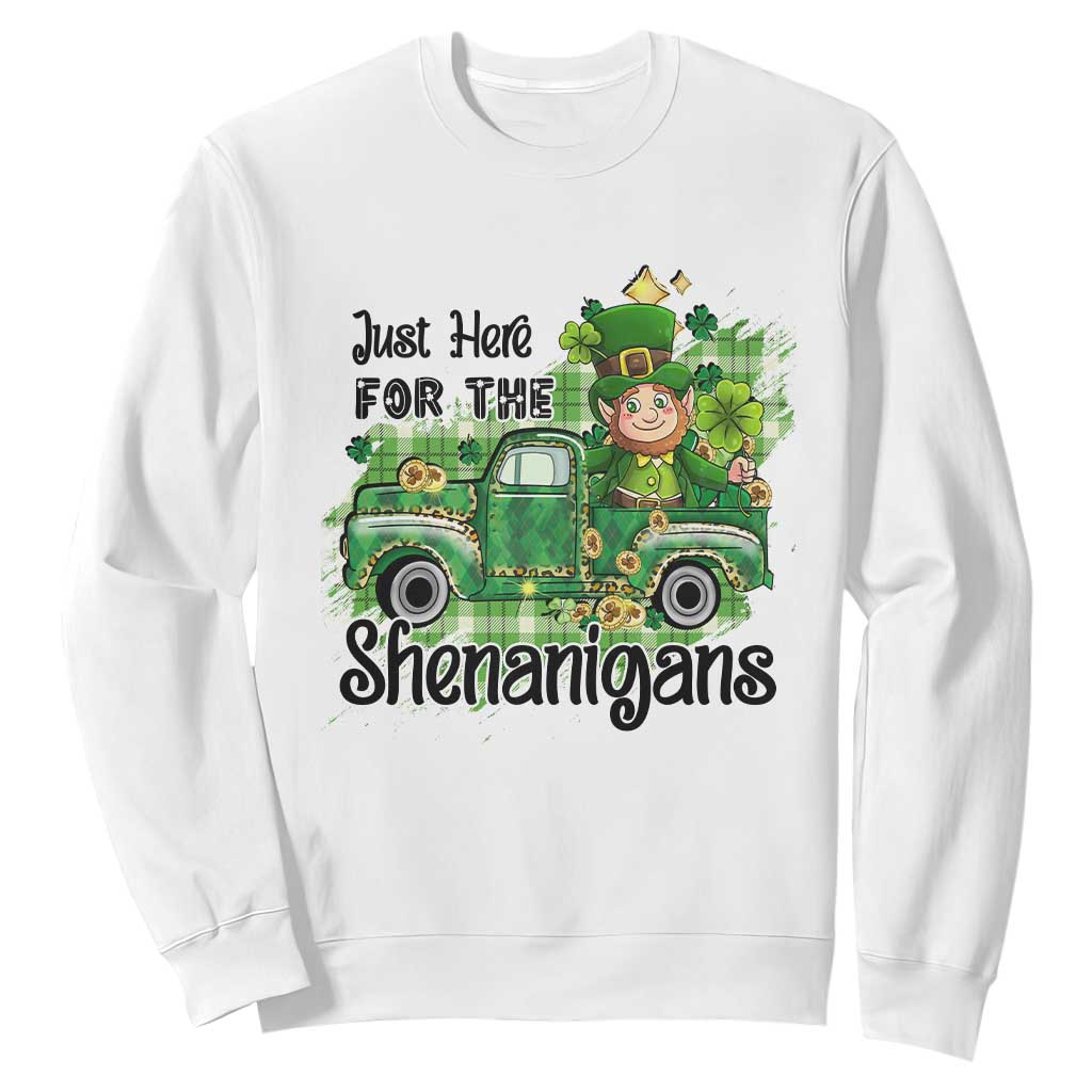 Funny St. Patricks Day Sweatshirt Just Here For The Shenanigans Truck of Shamrock TS02 White Printyourwear