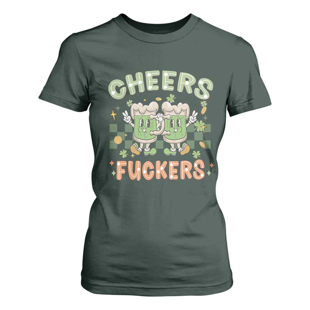 Funny St Patricks Day Drinking T Shirt For Women Retro Cheers Fuckers Beer Lovers TS02 Dark Forest Green Print Your Wear