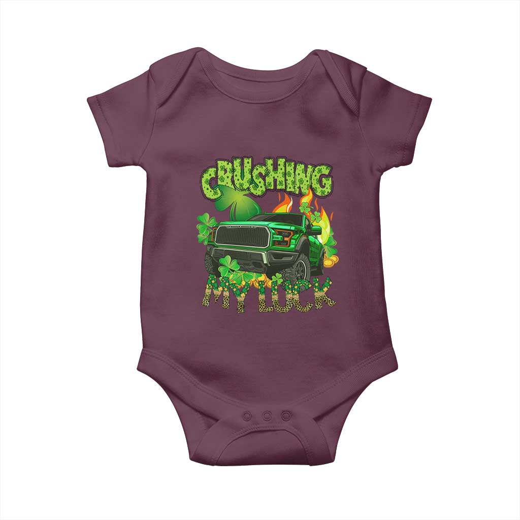 Funny St Patricks Day Baby Onesie Crushing My Luck Truck of Shamrocks TS02 Maroon Print Your Wear