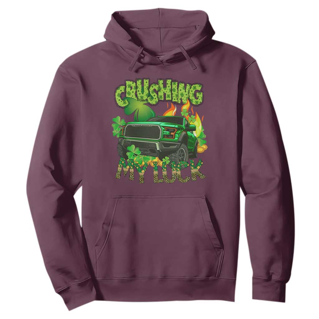 Funny St. Patricks Day Hoodie Crushing My Luck Truck of Shamrocks TS02 Maroon Printyourwear