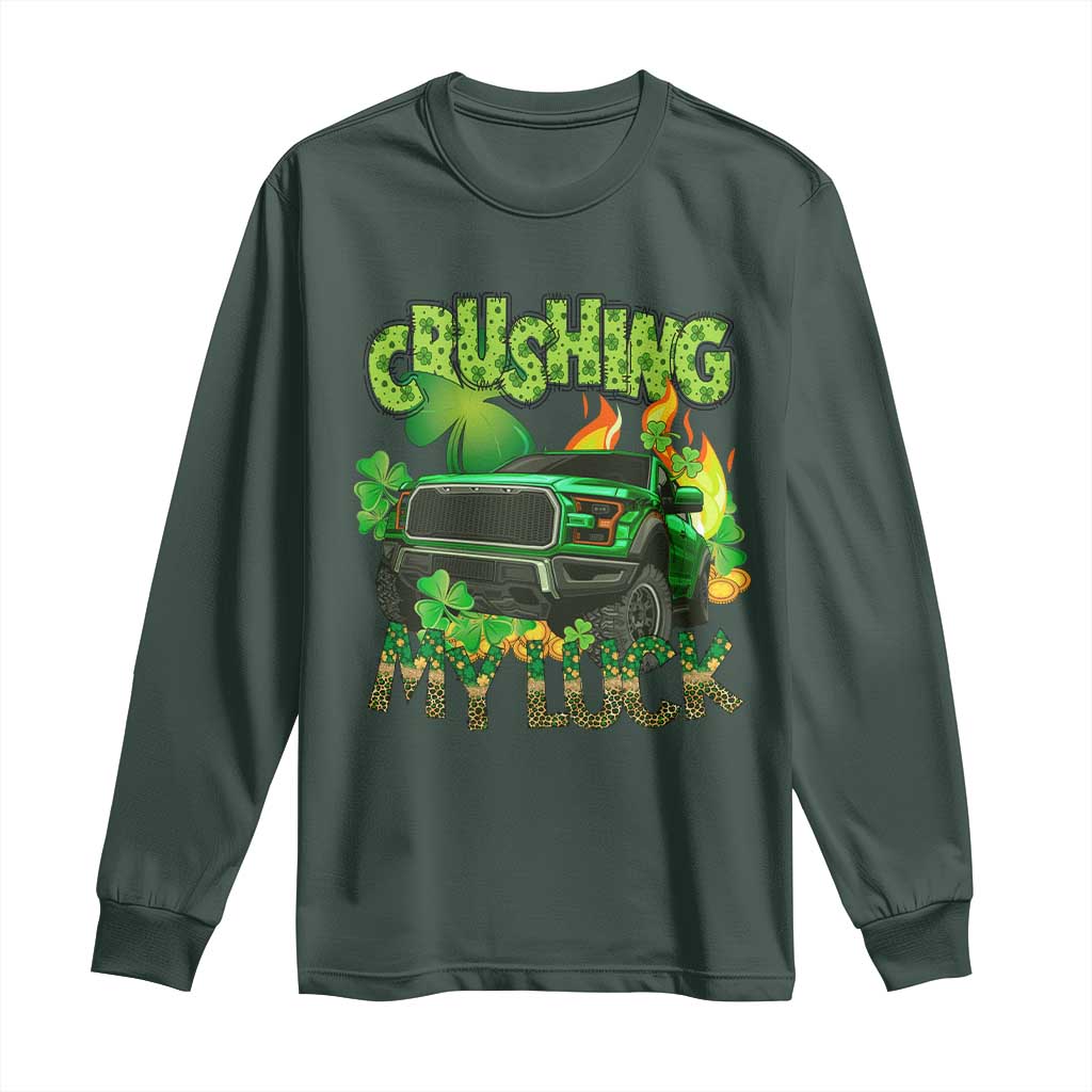 Funny St Patricks Day Long Sleeve Shirt Crushing My Luck Truck of Shamrocks TS02 Dark Forest Green Print Your Wear