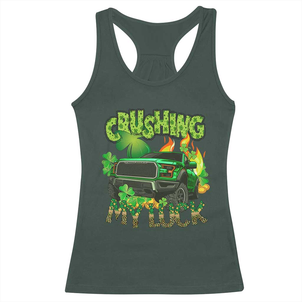 Funny St Patricks Day Racerback Tank Top Crushing My Luck Truck of Shamrocks TS02 Dark Forest Green Print Your Wear