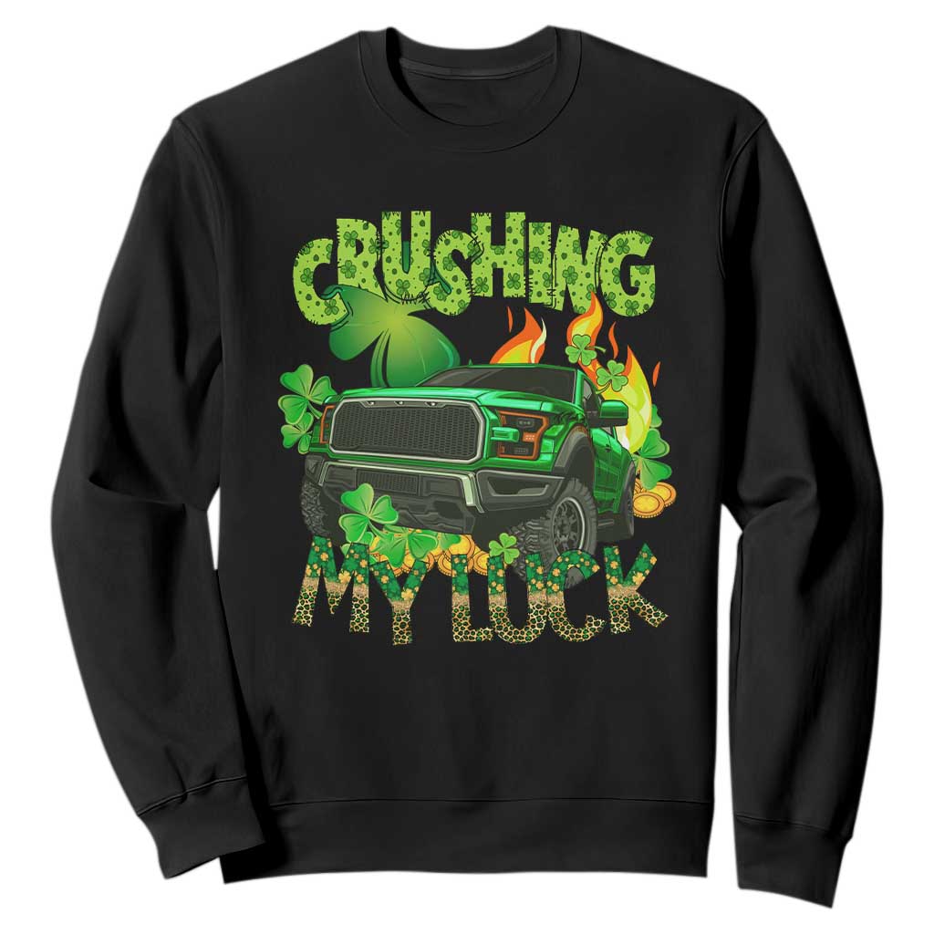 Funny St. Patricks Day Sweatshirt Crushing My Luck Truck of Shamrocks TS02 Black Printyourwear