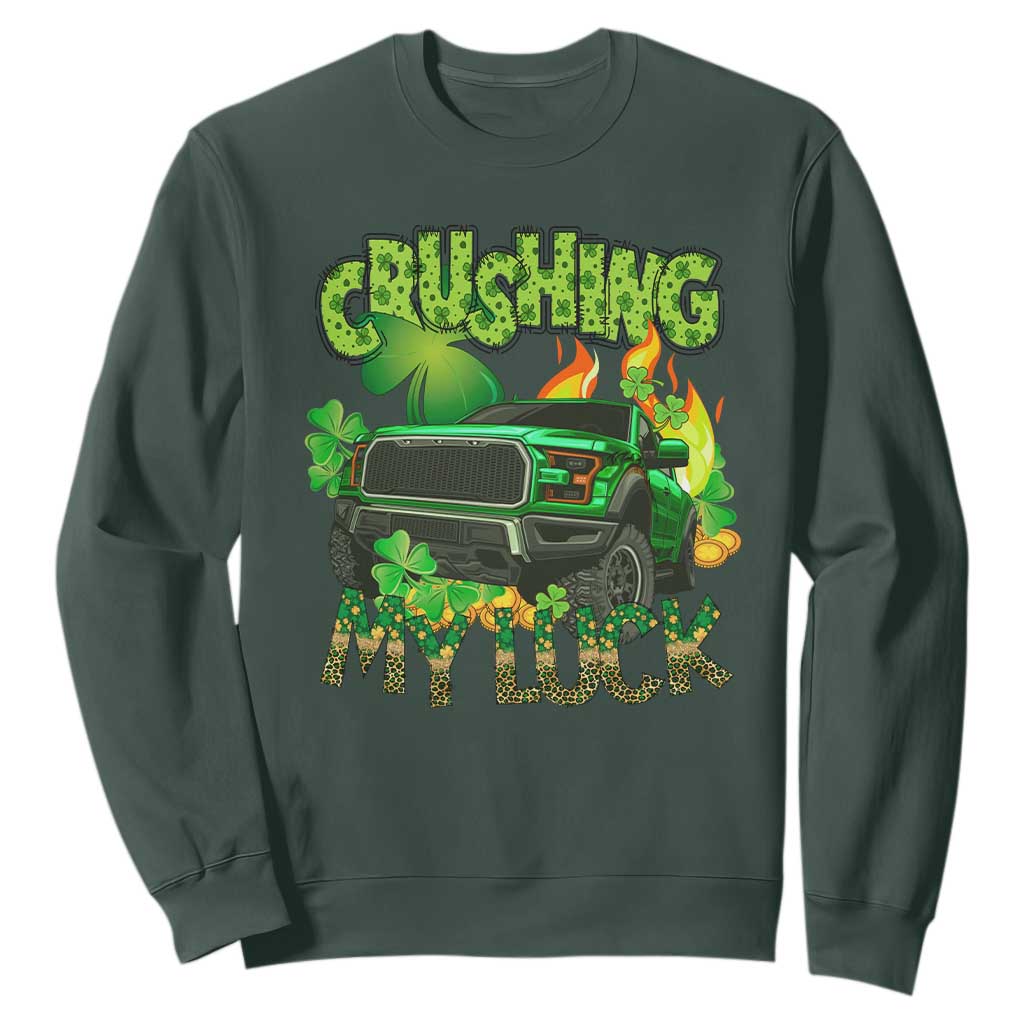 Funny St. Patricks Day Sweatshirt Crushing My Luck Truck of Shamrocks TS02 Dark Forest Green Printyourwear