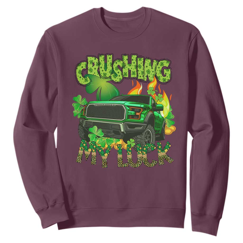 Funny St. Patricks Day Sweatshirt Crushing My Luck Truck of Shamrocks TS02 Maroon Printyourwear