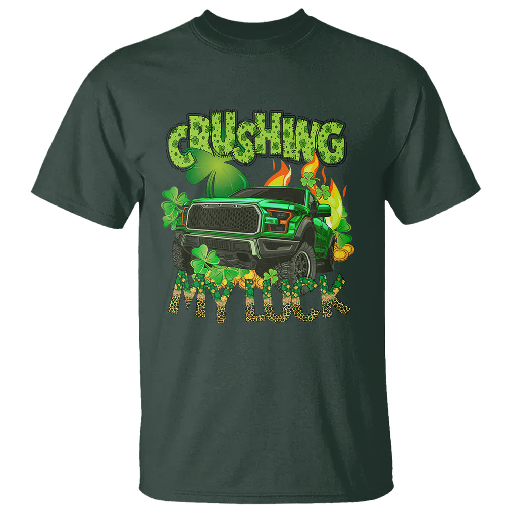 Funny St. Patricks Day T Shirt Crushing My Luck Truck of Shamrocks TS02 Dark Forest Green Printyourwear
