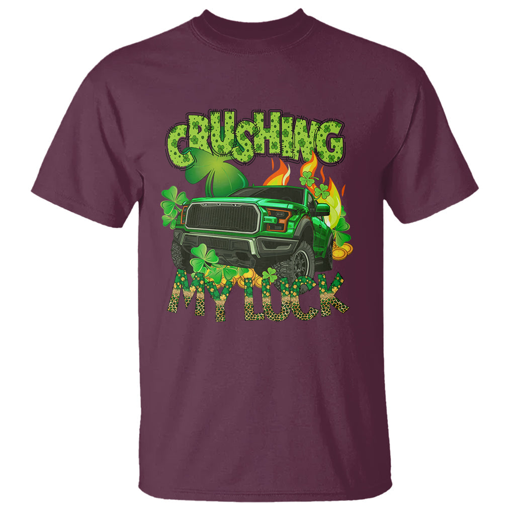 Funny St. Patricks Day T Shirt Crushing My Luck Truck of Shamrocks TS02 Maroon Printyourwear