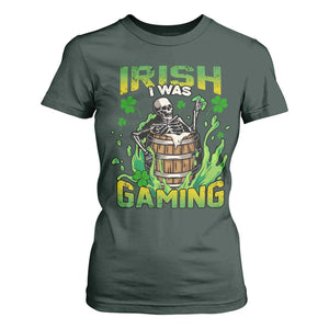 Irish Skeleton T Shirt For Women Irish I Was Gaming Funny St Patrick's Day Gamer Gaming Skull TS02 Dark Forest Green Print Your Wear