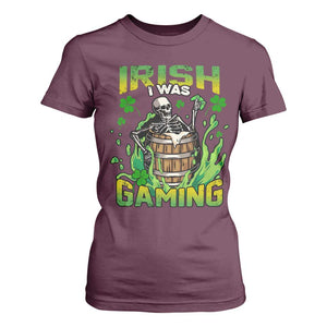 Irish Skeleton T Shirt For Women Irish I Was Gaming Funny St Patrick's Day Gamer Gaming Skull TS02 Maroon Print Your Wear
